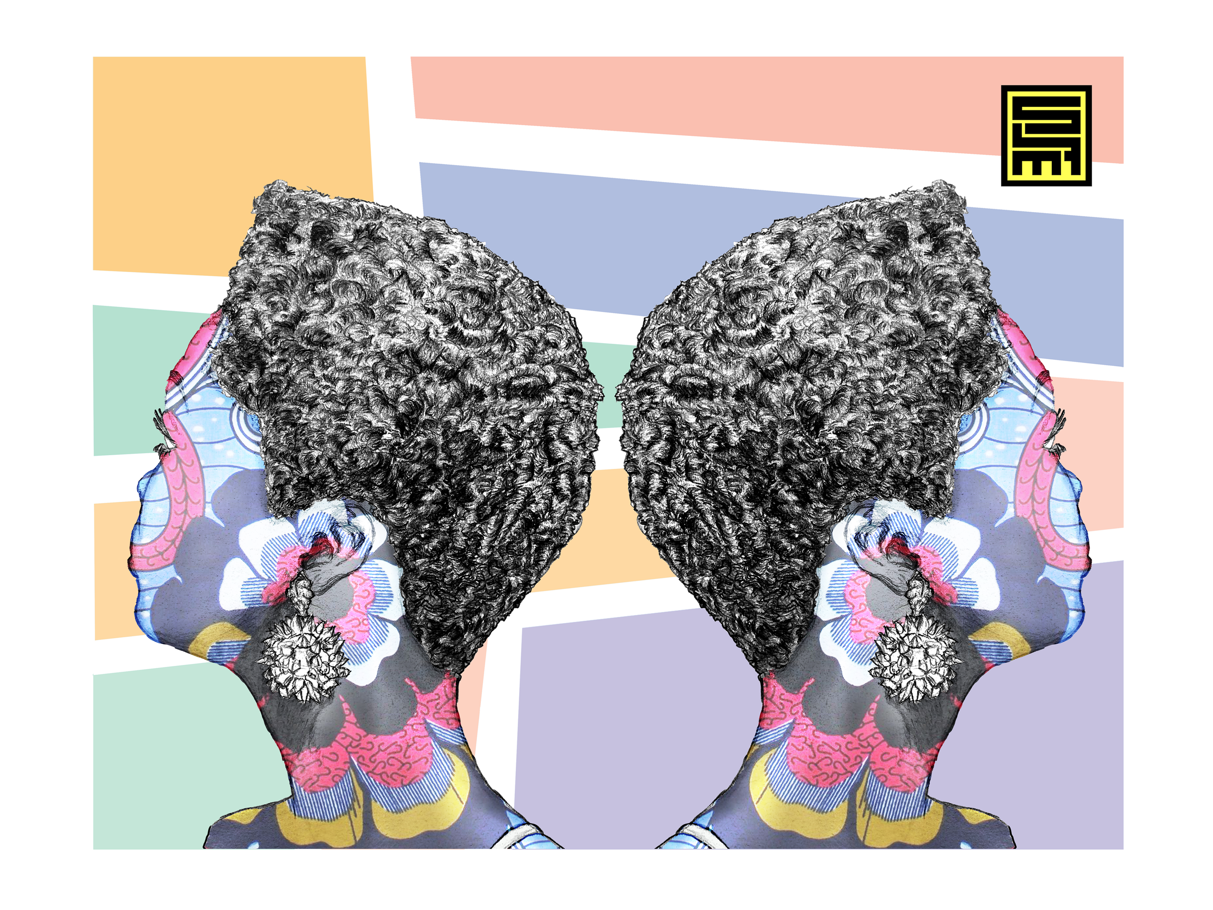 Two women with curly hair, standing on a multicolored abstract background with geometric shapes.