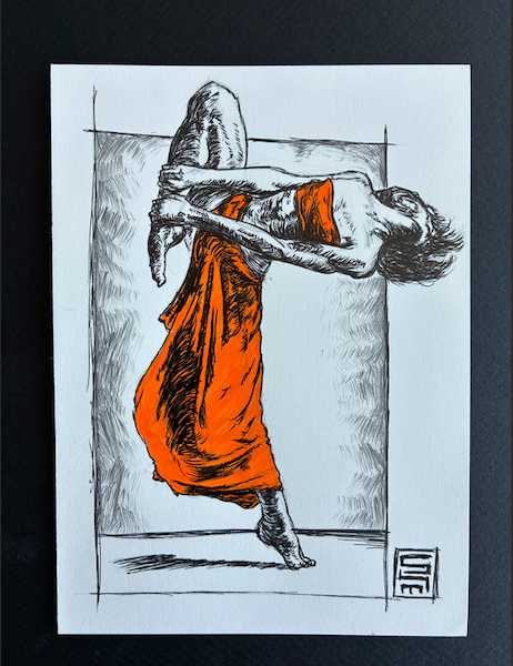 A sketch of a woman in a red dress leaning against a wall and balancing on her left foot, with her head and upper body tilted back.