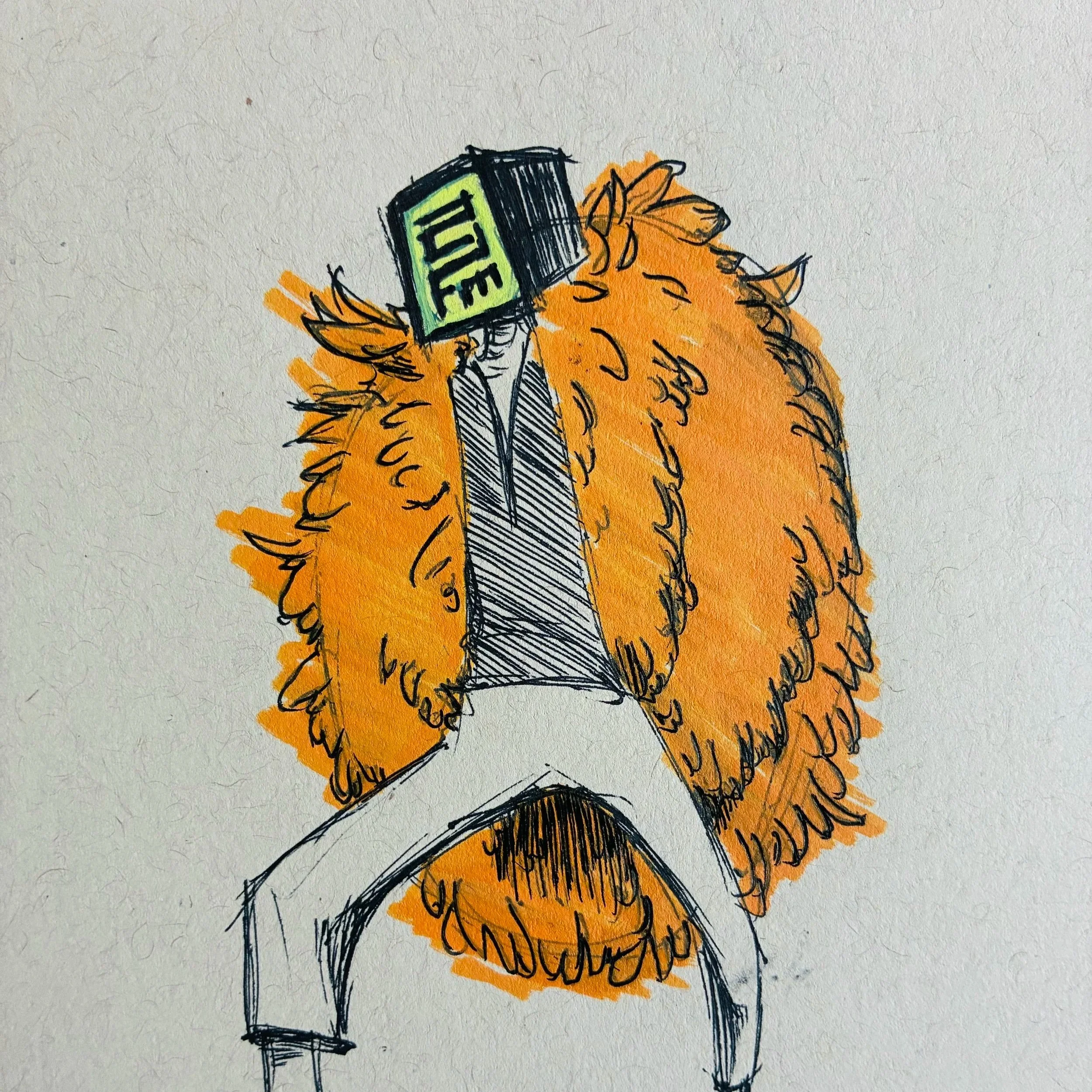 Drawing of a person with orange furry clothing and a black tie, holding a block labeled "TEA" to their face, on white textured paper.