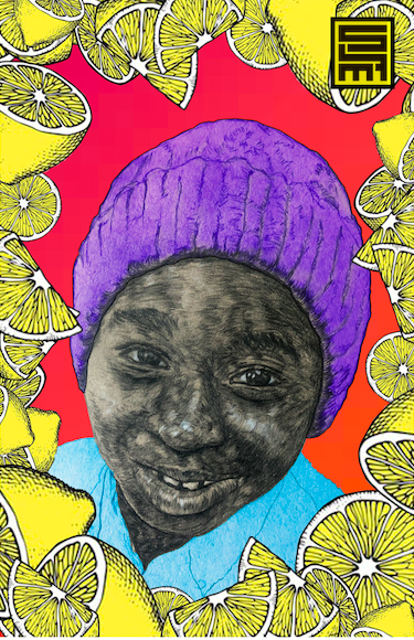 A photo of a smiling young person wearing a purple knit hat and a light blue shirt, surrounded by a border of sliced lemons on a red background.