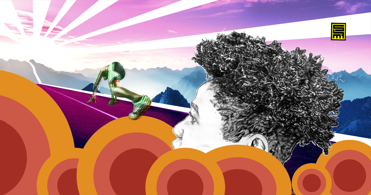 A man with curly hair in a side profile, with a mountain landscape and a sunset in the background, a person sprinting on a purple surface, and colorful abstract circles in the foreground.