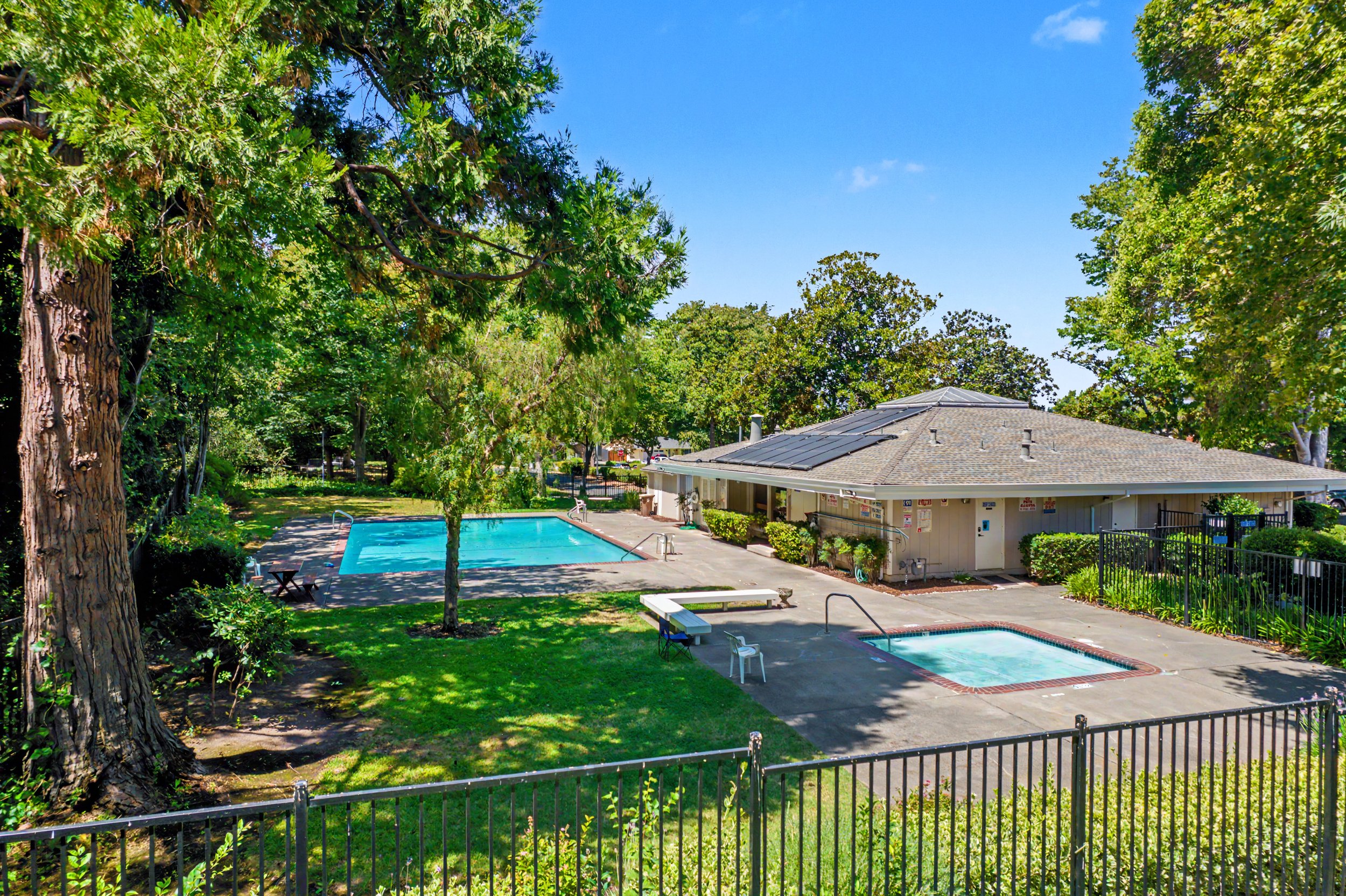 A backyard with a shaded swimming pool, surrounded by green trees and a building with solar panels on the roof.