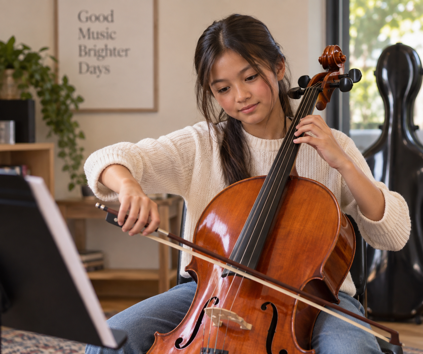 A young girl playing the cello in a bright room, with a music stand and framed art on the wall that reads 'Good Music Brighter Days'.