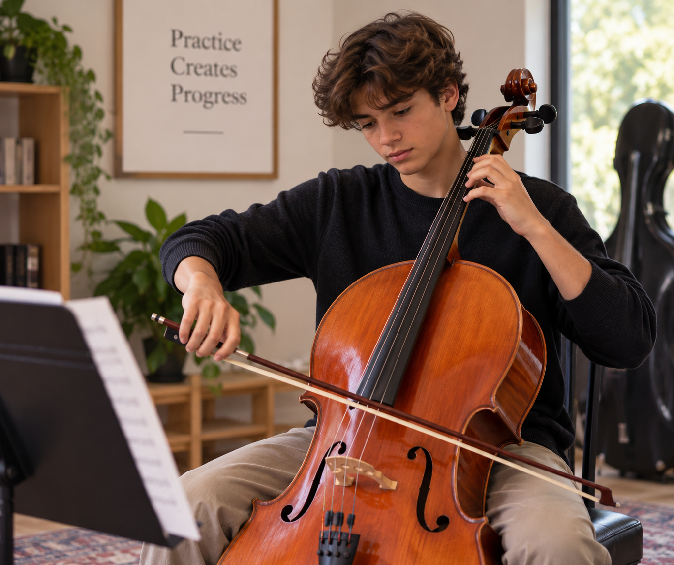 A young man practicing the cello in a room with musical and motivational decor, including a sign that reads 'Practice Creates Progress' and a guitar case in the background.