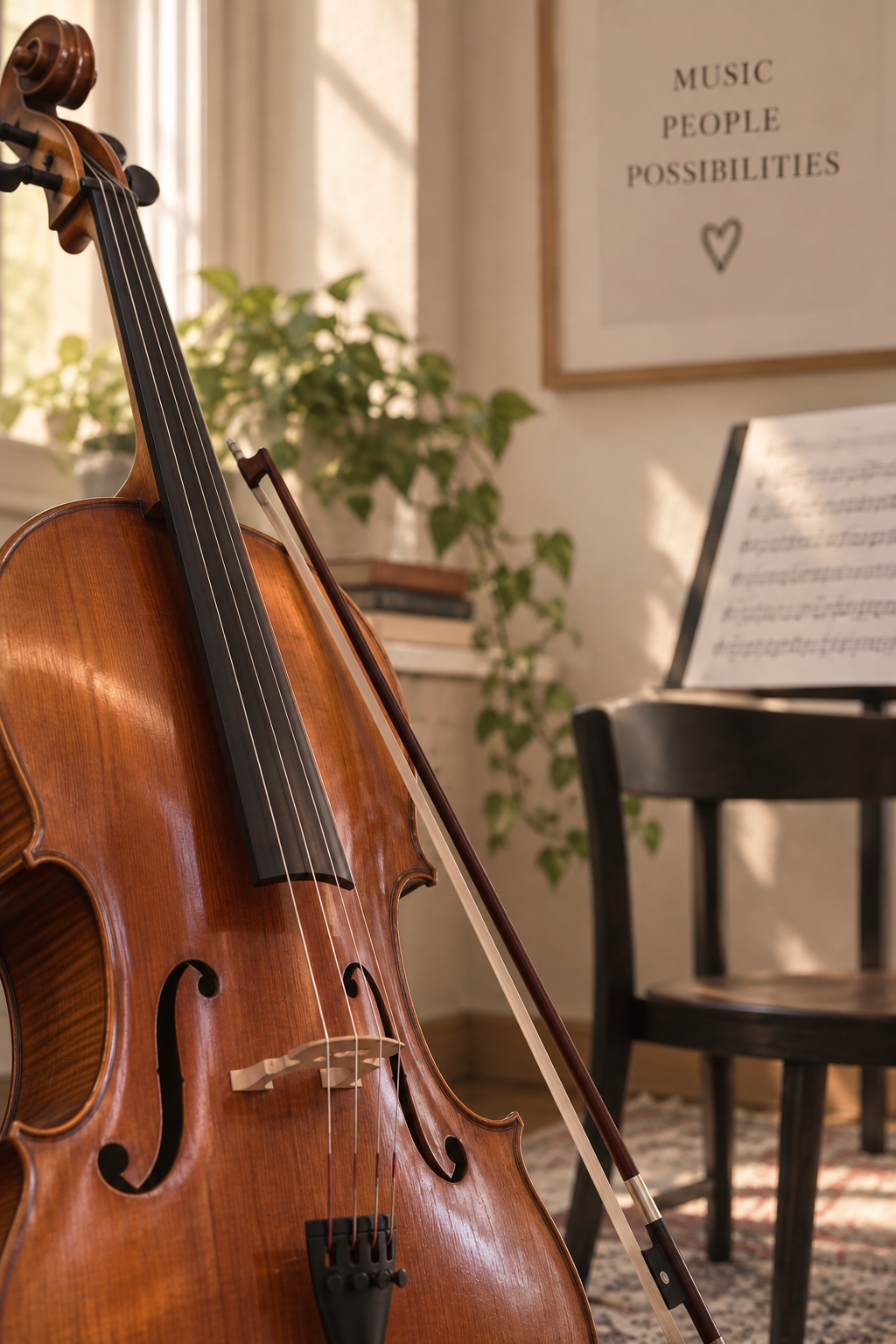 A wooden cello with a bow rests against it, with a music stand holding sheet music in the background, and a framed quote on the wall that reads 'Music People Possibilities' with a heart symbol underneath, with sunlight streaming in through a window.