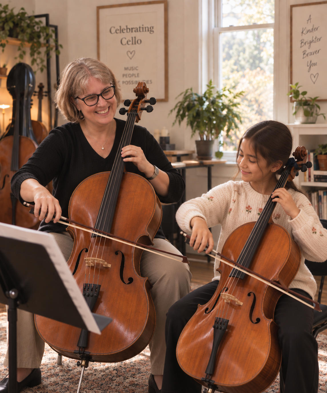 A smiling adult woman and a young girl playing cellos together in a music room, with musical stands and sheet music nearby, and framed music-themed posters on the walls, sunlight coming through a window.
