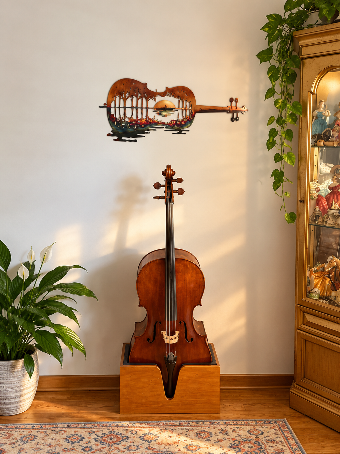 A wooden cello stands against a white wall, with a decorative guitar-shaped wall art above it, a potted plant on the left, and a glass display cabinet on the right.