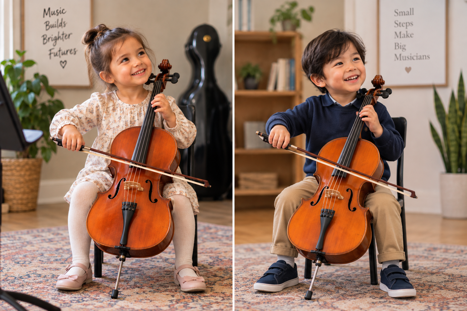 A young girl and boy sitting on chairs, holding cellos and bows, smiling during a music lesson in a cozy room with plants and educational posters.
