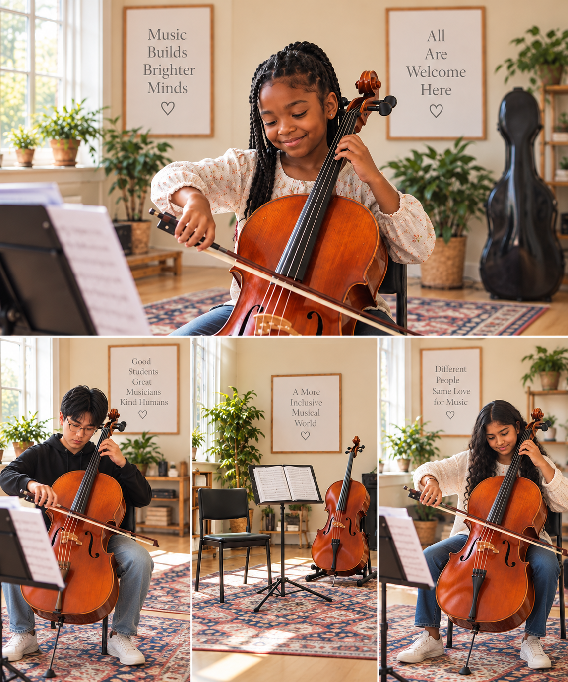 Three children playing the cello in a music classroom with posters on the wall that say "Music Builds Brighter Minds," "All Are Welcome Here," "Good Students Great Musicians Kind Humans," "A More Inclusive Musical World," and "Different People Same Love for Music."