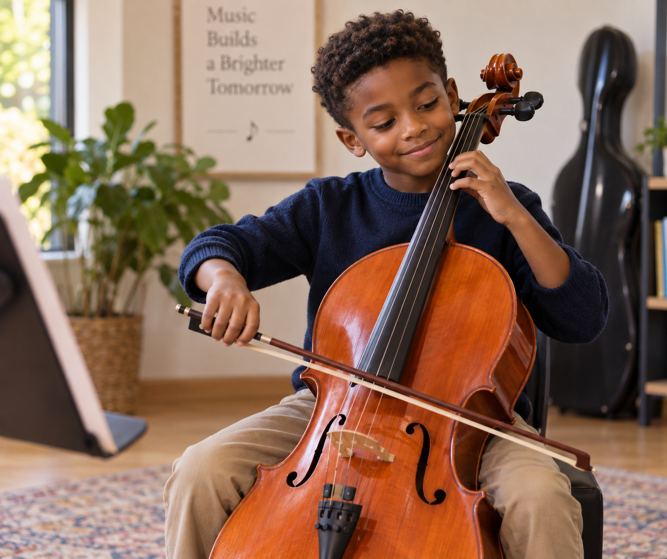 A young boy playing the cello, sitting on a chair in a room with a music-themed poster on the wall and a large plant in the background.