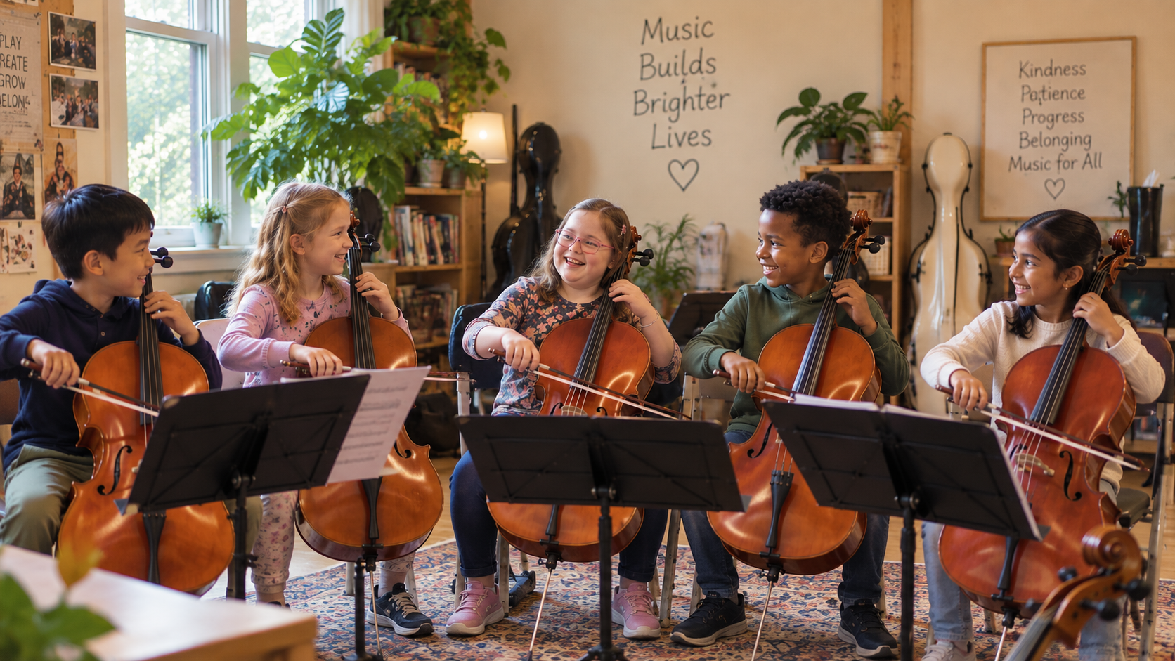 A group of five children playing cellos in a classroom, smiling and looking at each other, with musical stands and sheet music in front of them. The classroom has large windows, bookshelves, plants, and posters with music-related quotes.