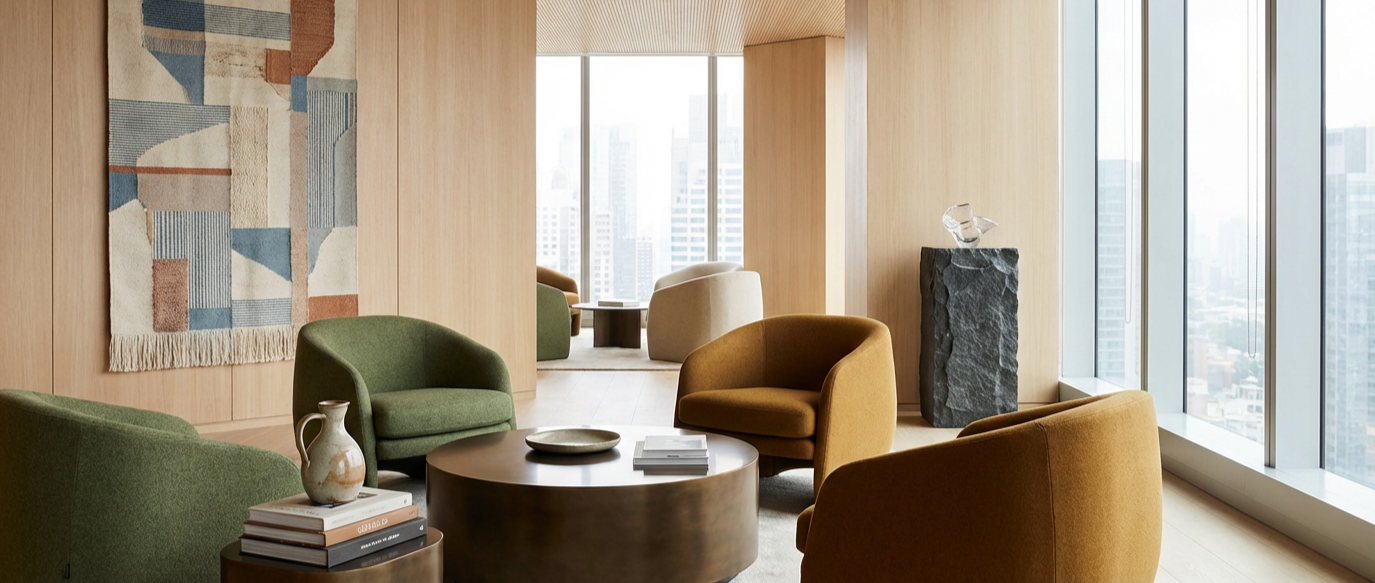 High-rise office, meeting areas with chairs & tables