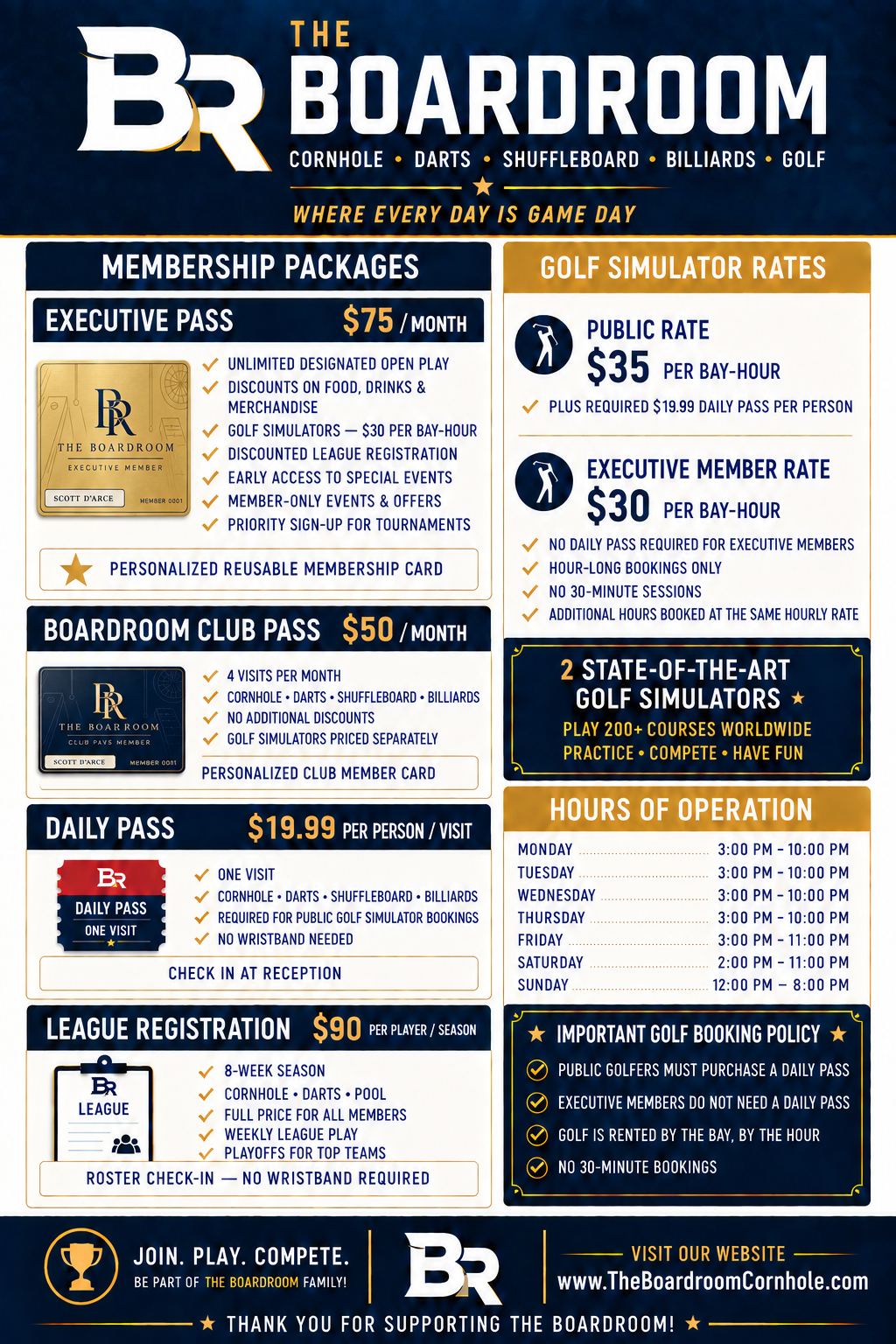 Poster listing membership options, rates, hours, and policies at The Boardroom indoor golf, cornhole, darts, shuffleboard, billiards, and golf simulator facility.
