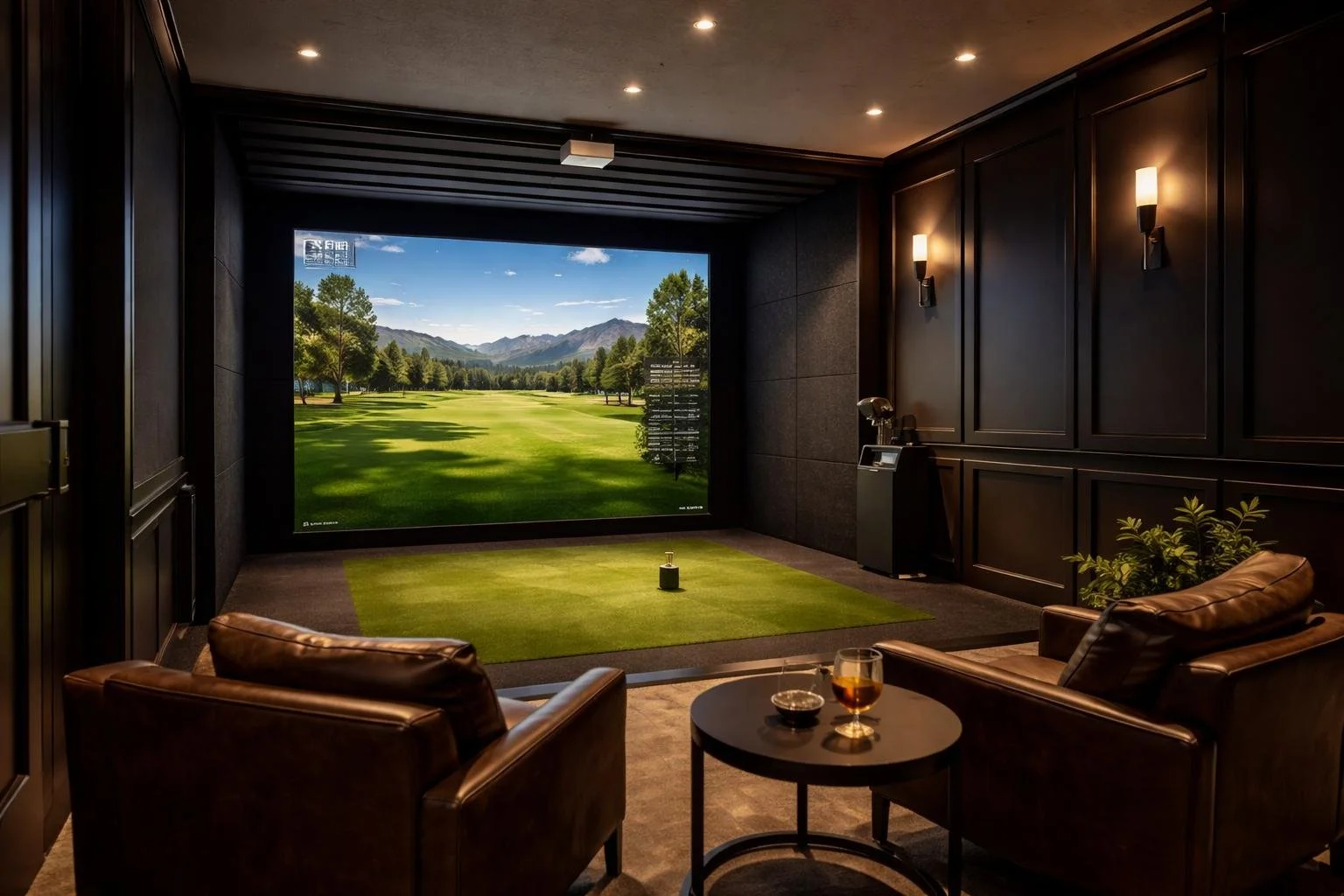 Indoor golf simulation room with a large screen displaying a golf course, two leather chairs, a small round table with drinks, and a putting green.