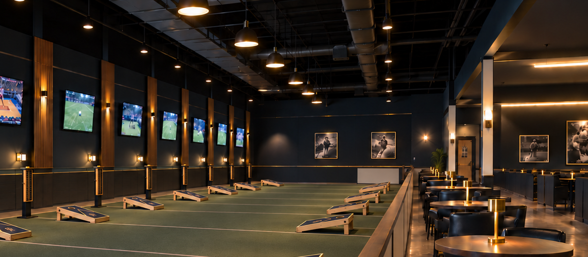Indoor golf simulation center with multiple screens displaying golf games, golf mats, and seating area with black chairs and small tables.