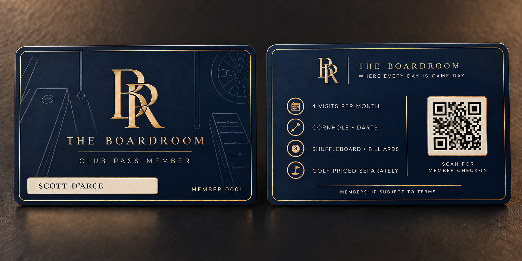 A blue membership card for The Boardroom club. The card features the club's logo, a QR code for member check-in, and a list of benefits including four visits per month, access to cornhole, darts, shuffleboard, billiards, and golf, along with icons representing each benefit.