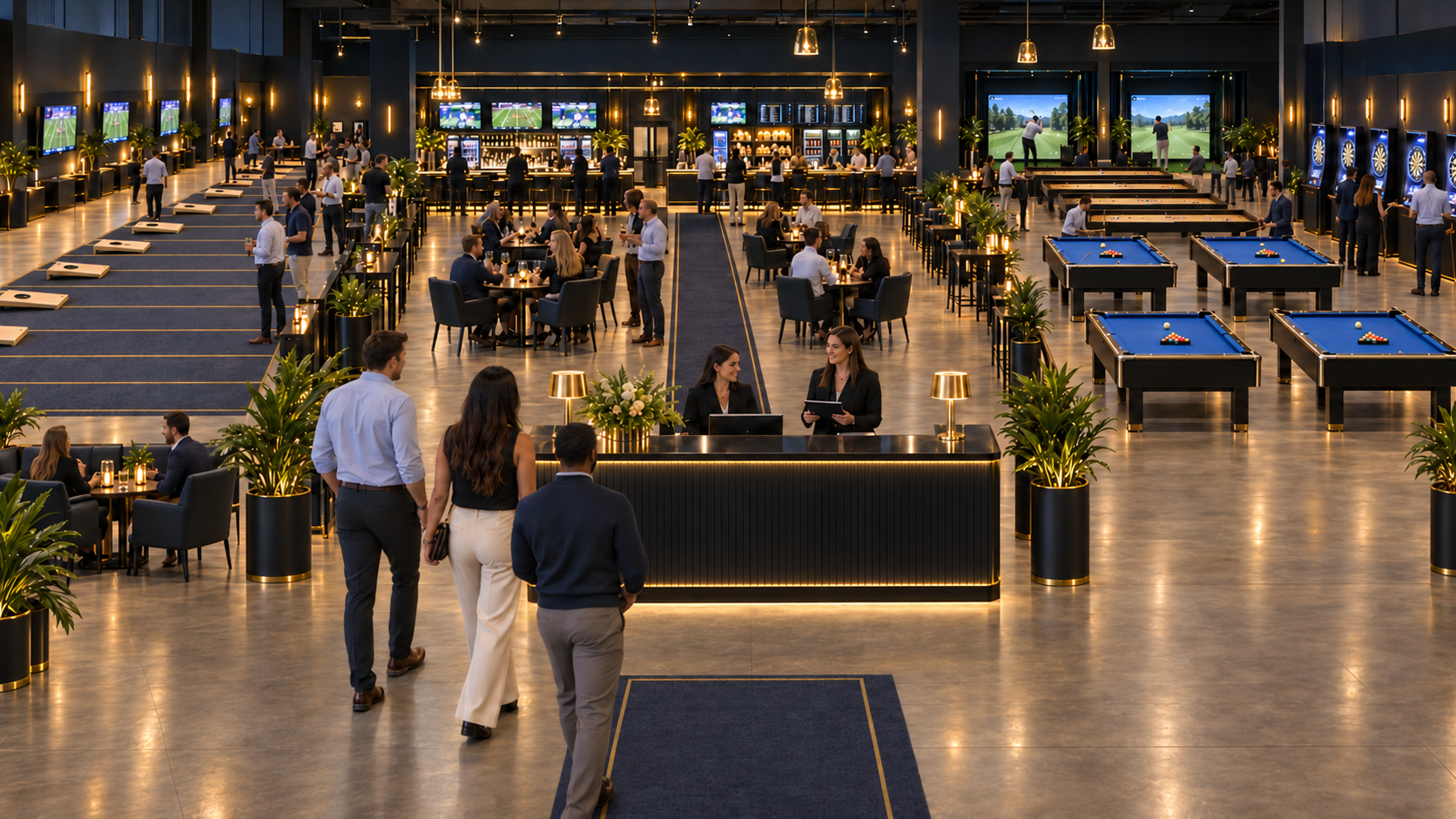 A modern, upscale bar and gaming lounge with pool tables, darts, and multiple television screens. People are socializing, playing games, and seated at tables while staff assist at the reception. The space features warm lighting, black and gold decor, and abundant potted plants.