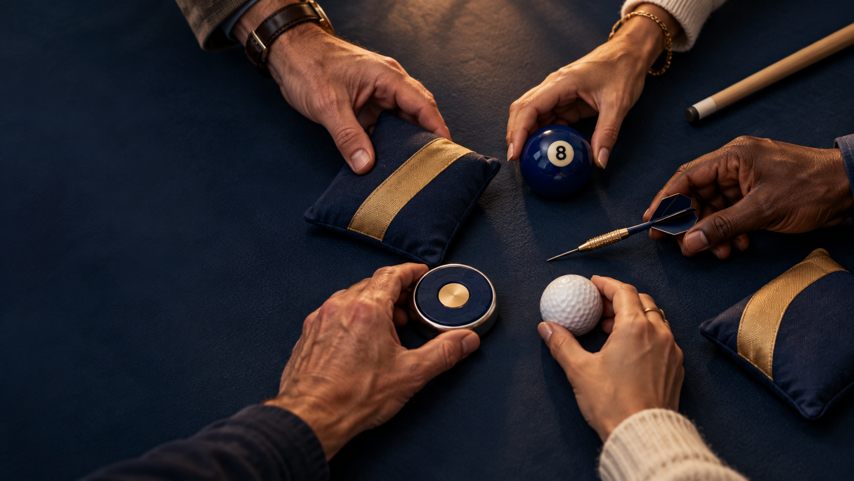 Close-up of multiple people playing darts and billiards, with a golf ball and billiard equipment on a blue surface.
