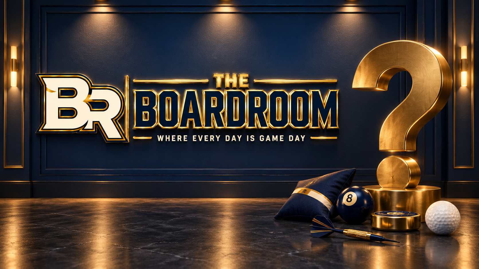 Decorative wall with illuminated sign reading 'The Boardroom: Where Every Day is Game Day'; large gold question mark, a pool ball, a dart, and a golf ball arranged on the floor.