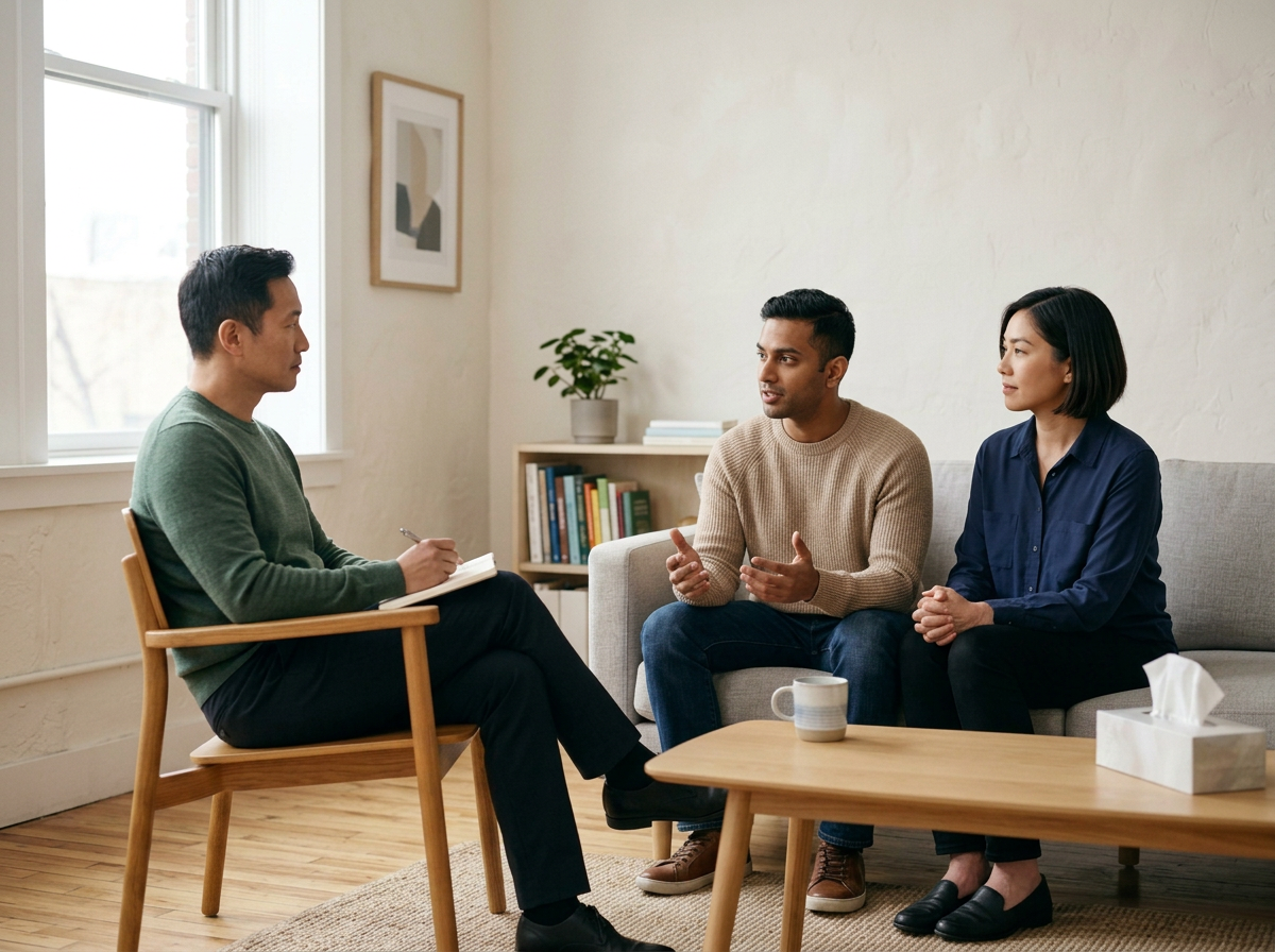 A counselor talking to a man and woman during a therapy session in a well-lit living room with books and a small plant on the shelf.