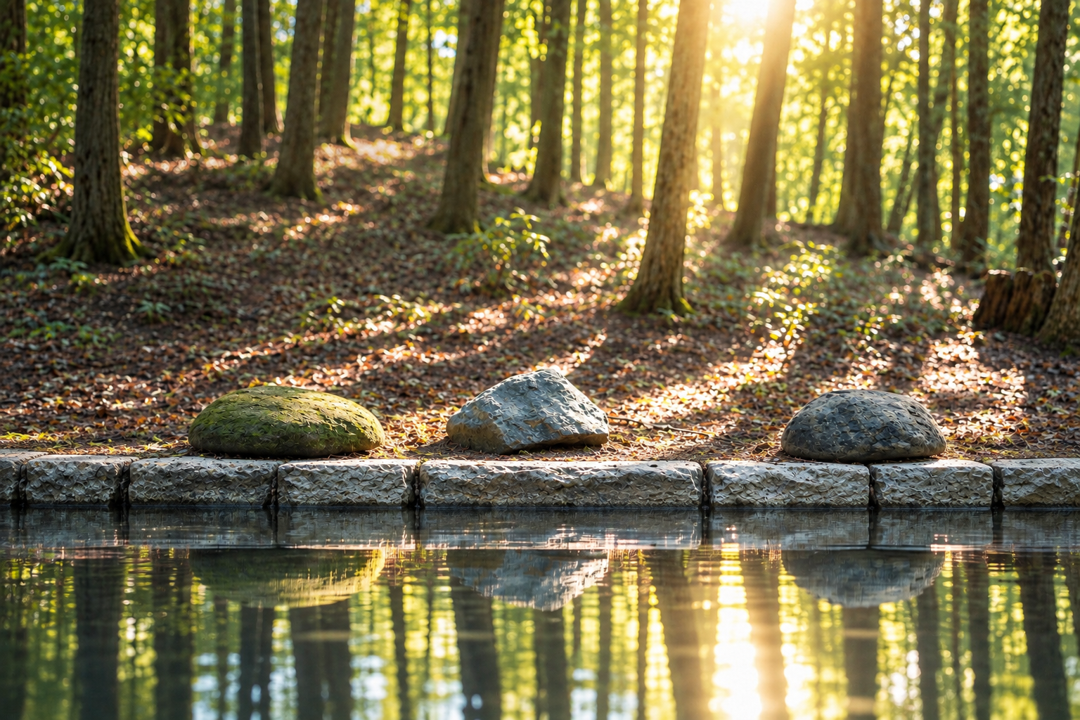 Sunlight filters through a forest of tall trees onto a forest floor with three large moss and patterned rocks, reflected in a calm body of water in front.
