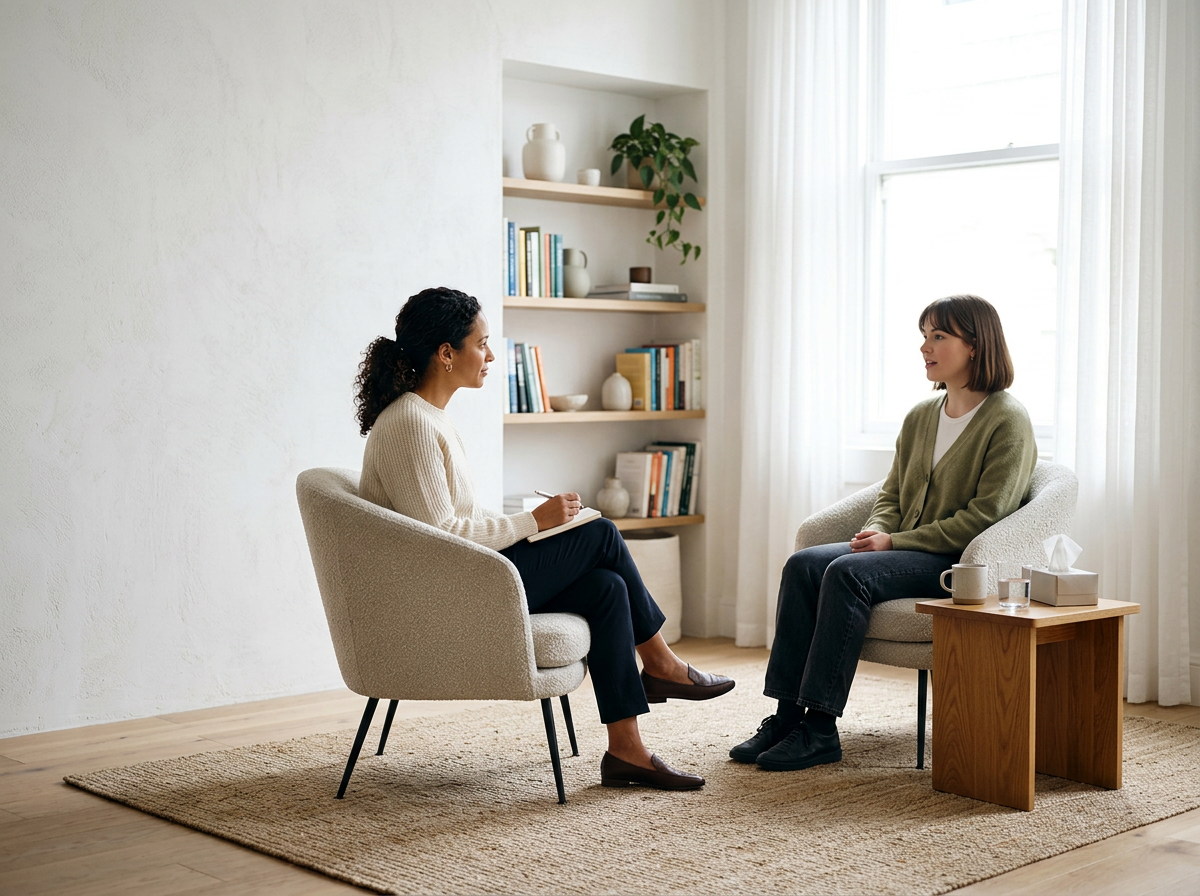 Two women having a talk in a cozy, well-lit room. One is a therapist taking notes, the other a client.