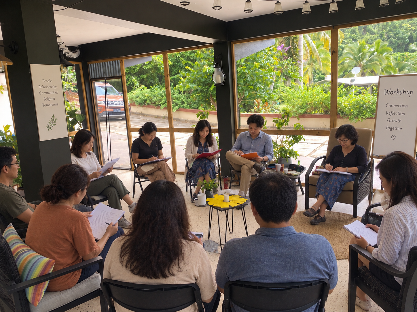 A group of adults participating in a workshop or discussion in a bright, indoor setting with large windows showing greenery outside. The participants are seated in a circle, with some taking notes or reading documents.