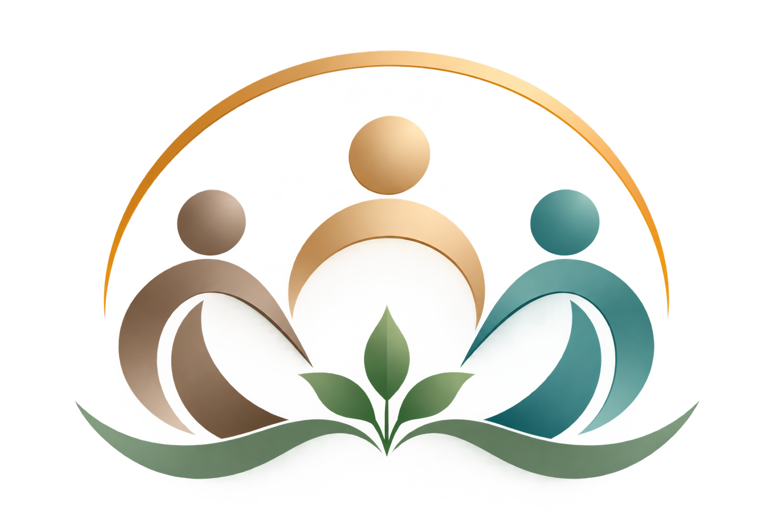 Abstract logo featuring stylized human figures in beige, brown, and teal, a green leaf at the center, and a golden semicircular background.