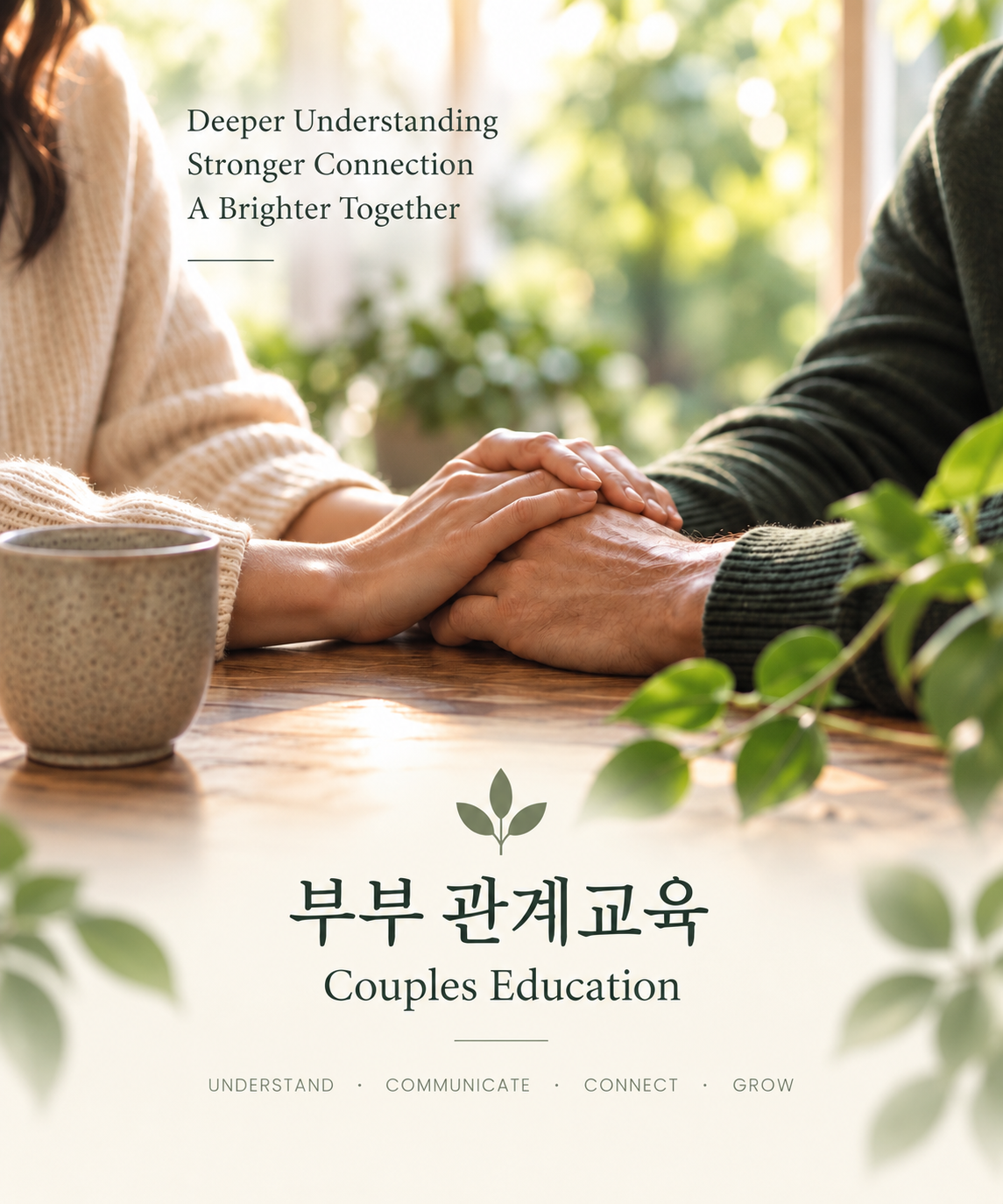 Close-up of a couple holding hands on a table, with a cup and greenery in a bright, cozy setting. Text in English and Korean promotes couples education and relationship connection.