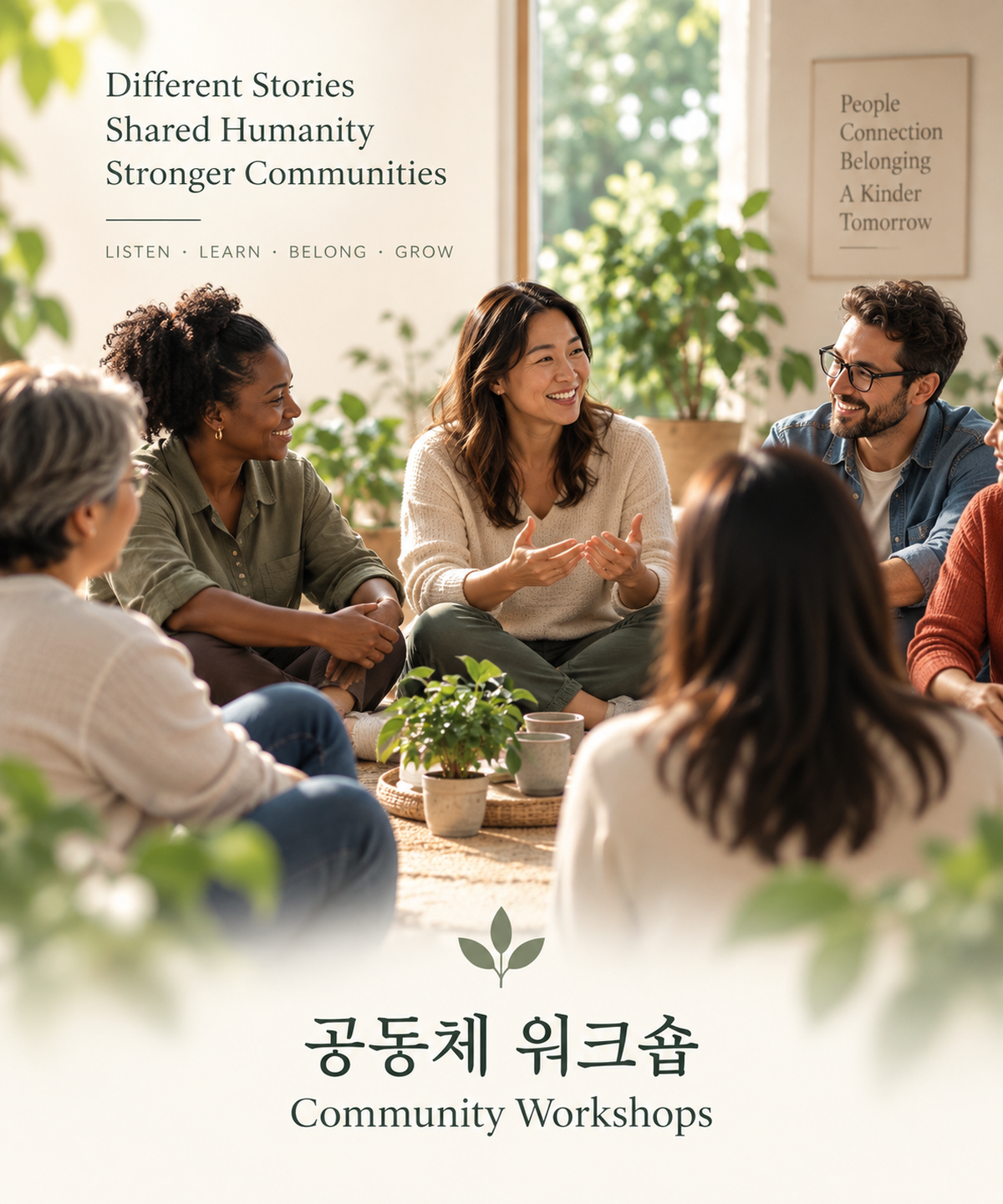 A group of diverse people sitting in a circle having a discussion in a bright room with large windows and plants, with signs reading 'Different Stories, Shared Humanity, Stronger Communities' and 'Community Workshops' in both English and Korean.