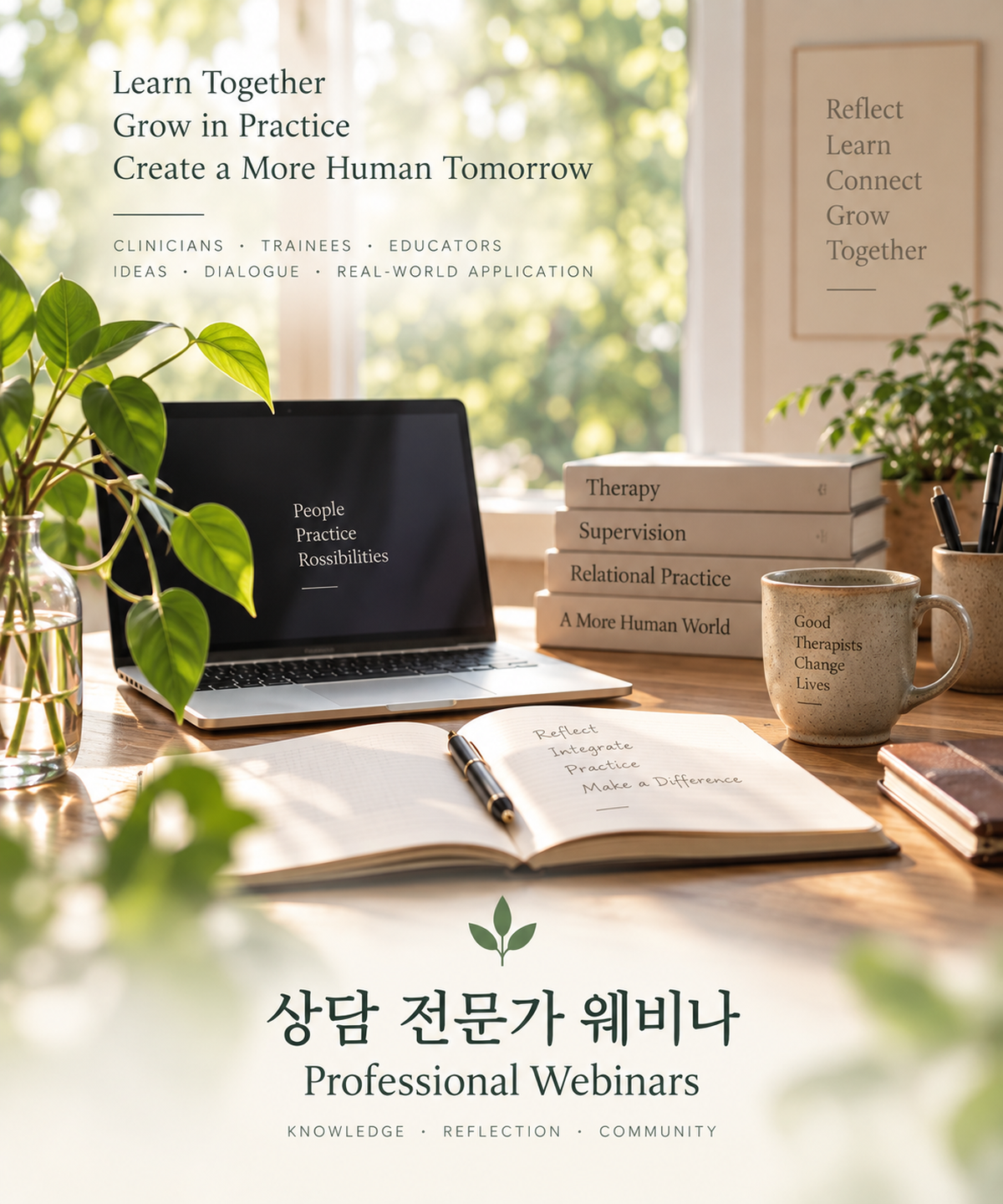 A workstation with a laptop, stacked books, a mug, a notebook with handwritten notes, a plant, and writing utensils on a wooden desk, illuminated by natural light from a window, promoting professional webinars for therapists.