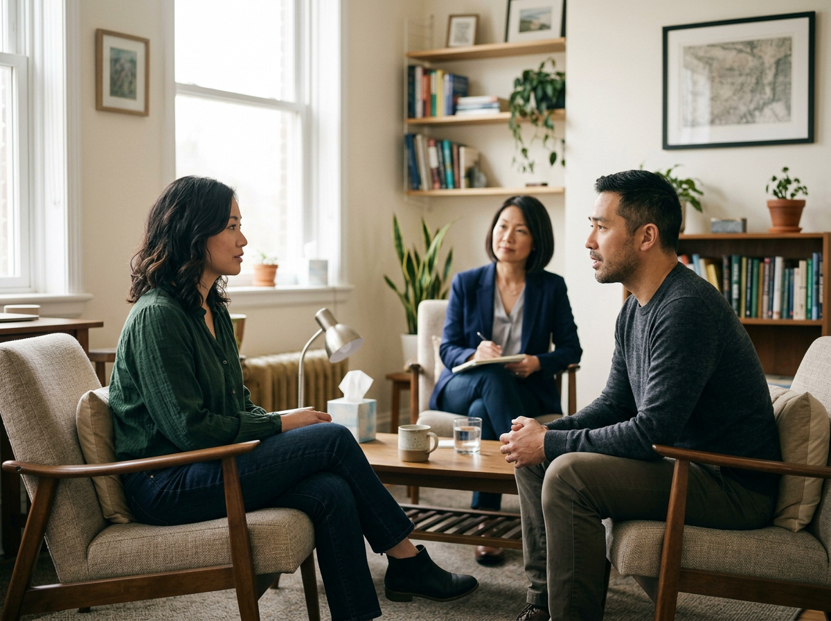 A woman wearing a green shirt and jeans has a serious conversation with a man in a dark sweater and khakis in a therapy session. A therapist, seated behind them with a notepad, observes and takes notes.