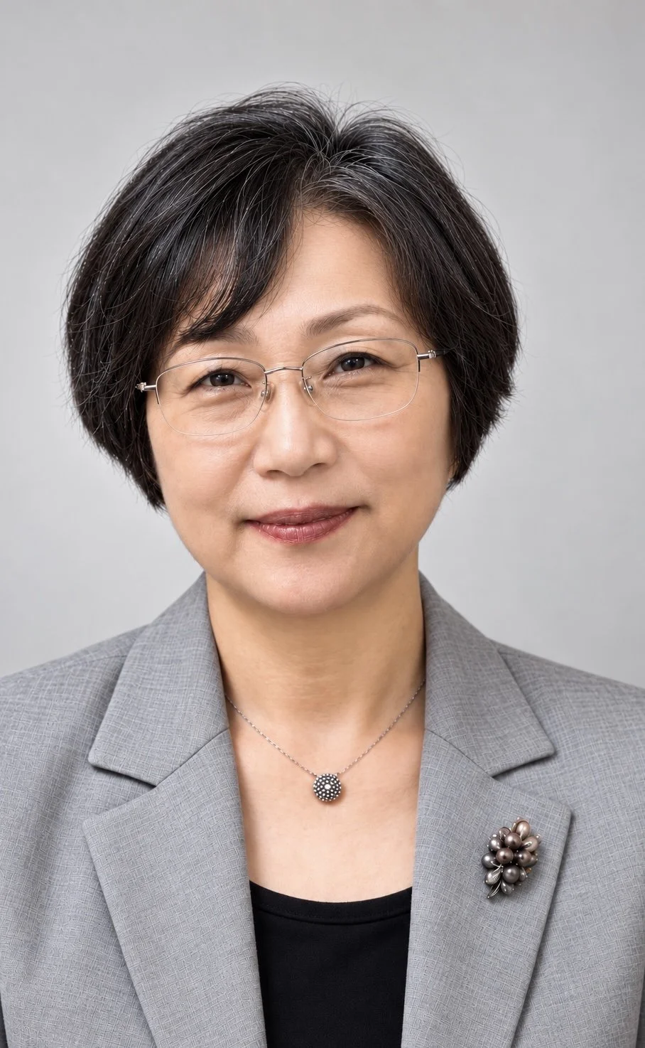 A professional middle-aged Asian woman with short black hair, glasses, and a light gray blazer with a decorative pin, smiling at the camera against a plain gray background.