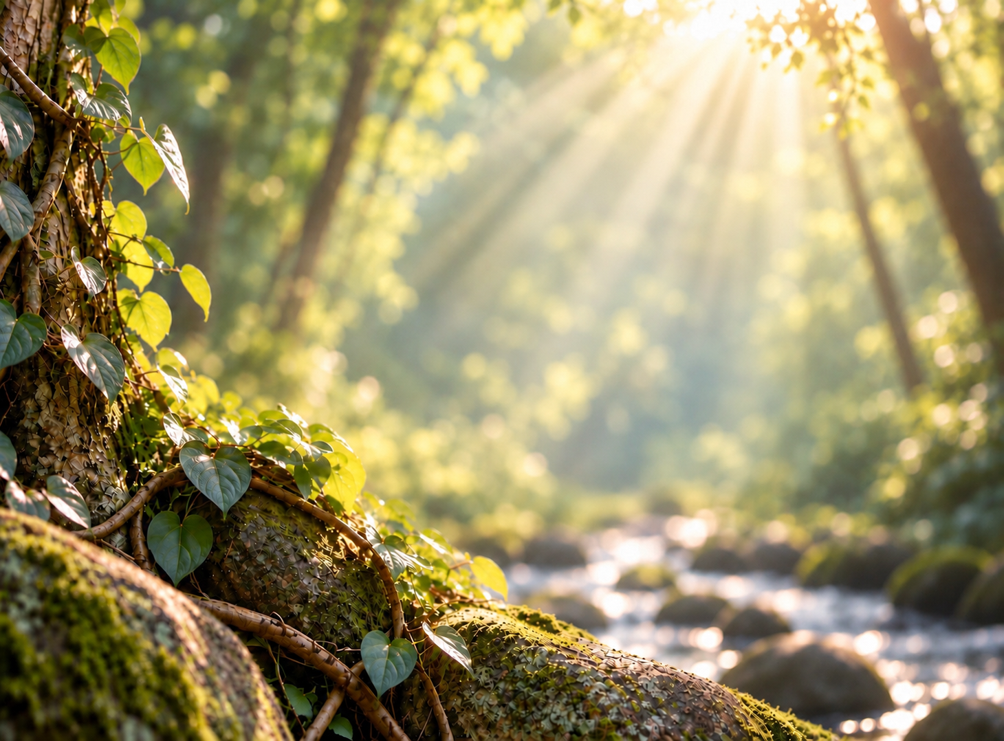 Sunlight filters through a forest with green leaves, illuminating a mossy, vine-covered rock in the foreground near a flowing stream.