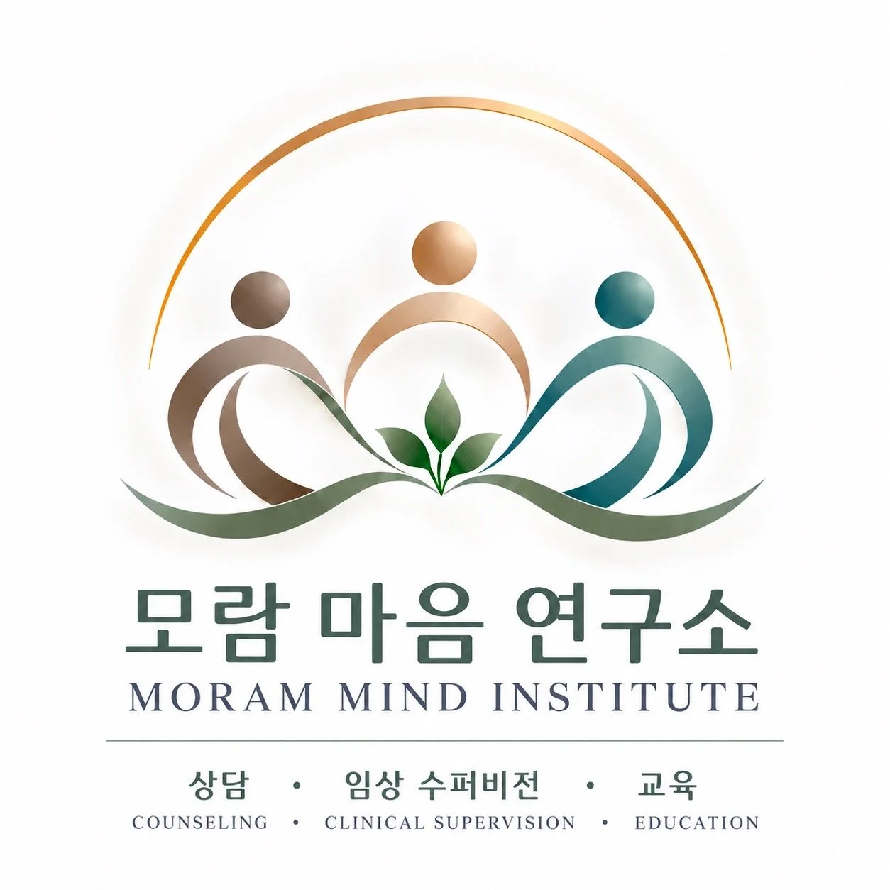 Logo for Moram Mind Institute featuring stylized figures surrounding a leaf, with Korean and English text for counseling, clinical supervision, and education.