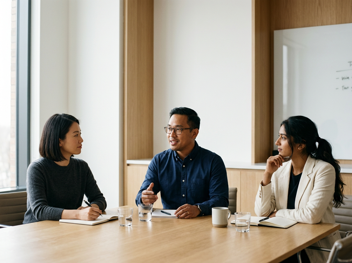 Three people sitting at a conference table having a discussion in a modern office with large windows and a whiteboard in the background.