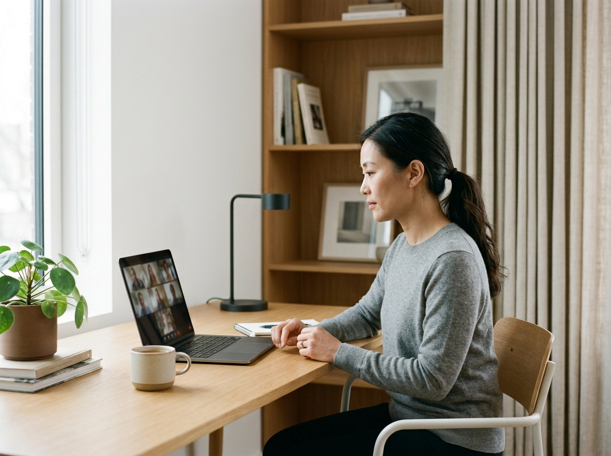 Woman at home participating in a virtual meeting on her laptop, seated at a desk with a potted plant, mug, notebooks, and a desk lamp, with a bookshelf and window in the background.