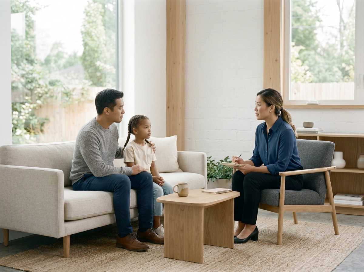 A family consisting of a man, a young girl, and a woman elicit in a therapy session in a well-lit living room with large windows, a wooden coffee table, and a white couch.