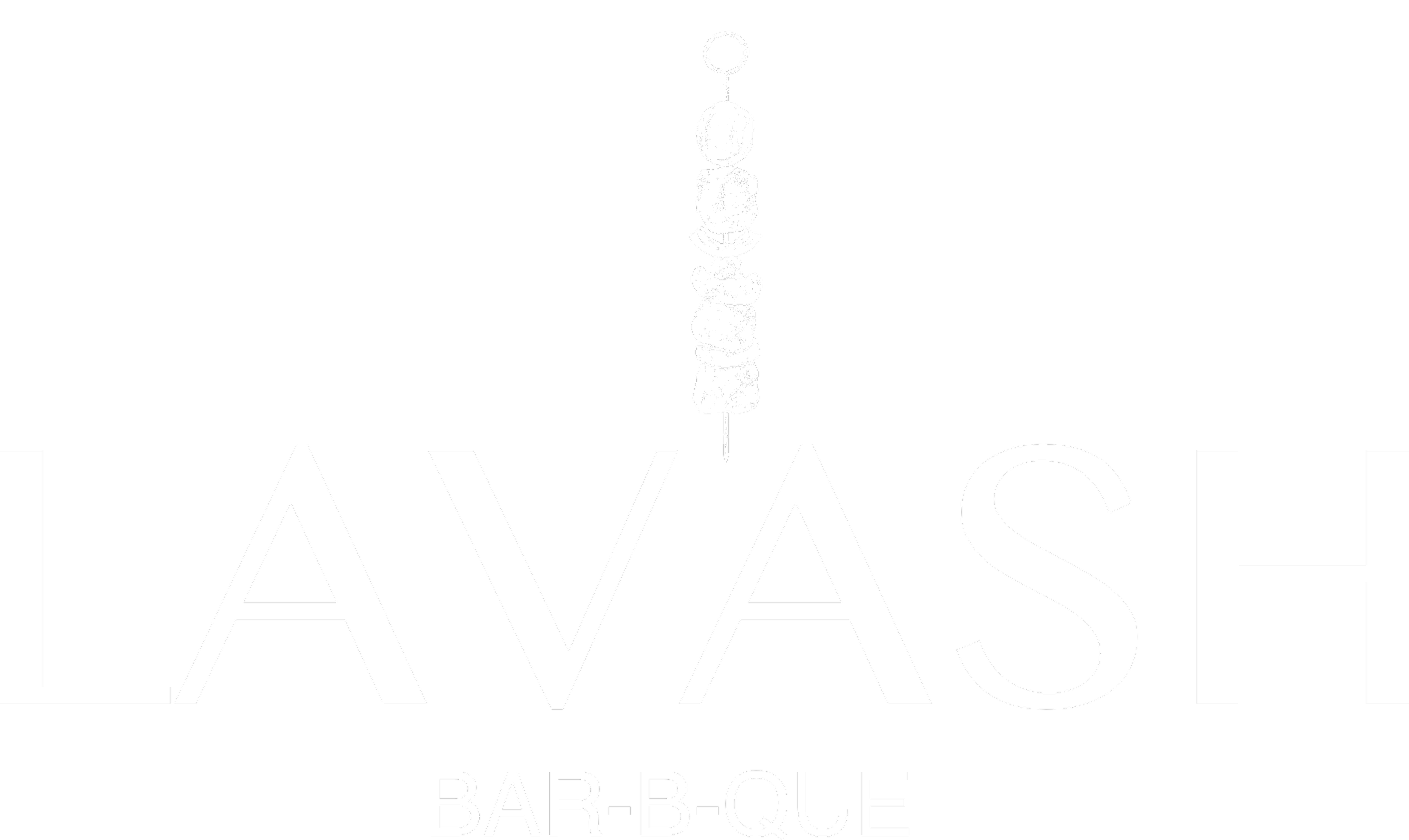 Black background with white text that says "LAS VEGAS BAR-B-QUE" and a vertical skewer with pieces of meat and vegetables.
