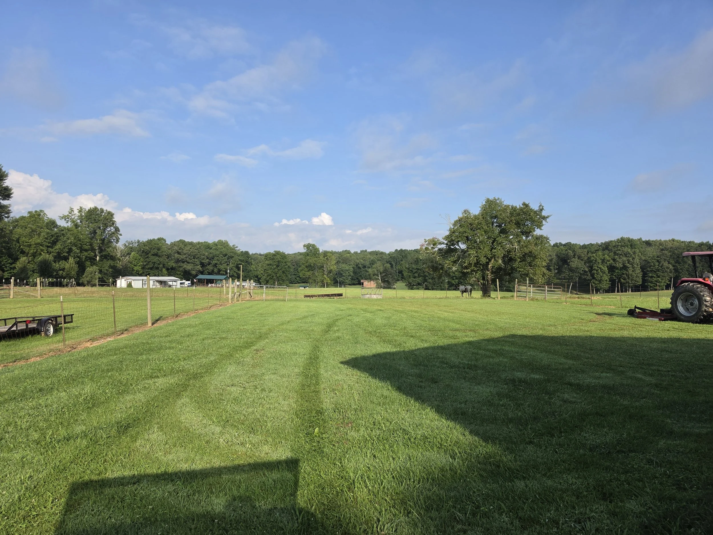 A rural scene with a wide open green lawn, trees, some farm buildings, a horse, fencing, a trailer, and a tractor under a partly cloudy blue sky.