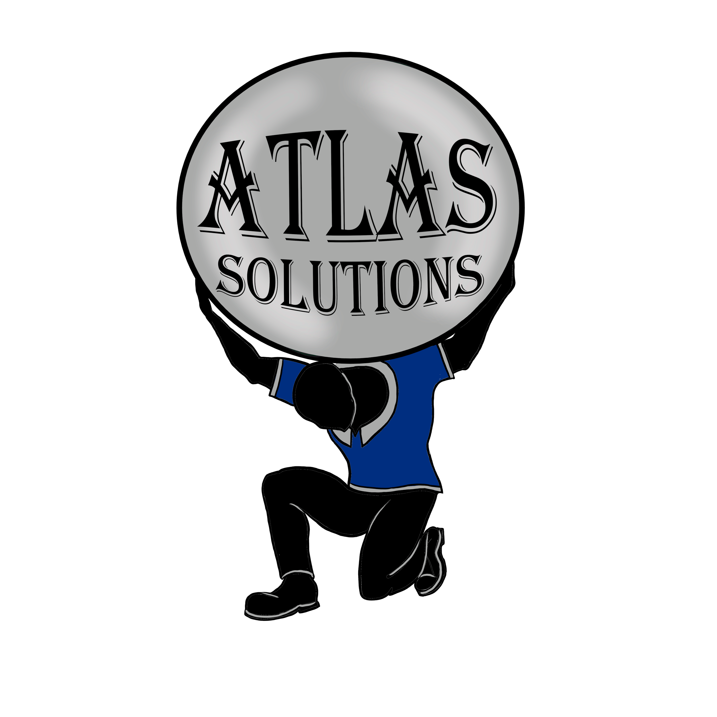 A black and white illustration of a cartoon person holding a ball and a sign that says 'Altas Solutions'.