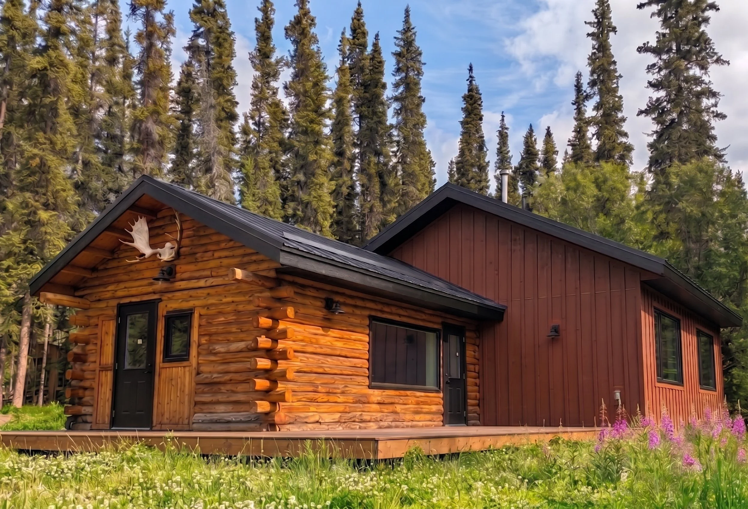 Rustic log cabin with modern extension surrounded by tall evergreen trees and wildflowers.