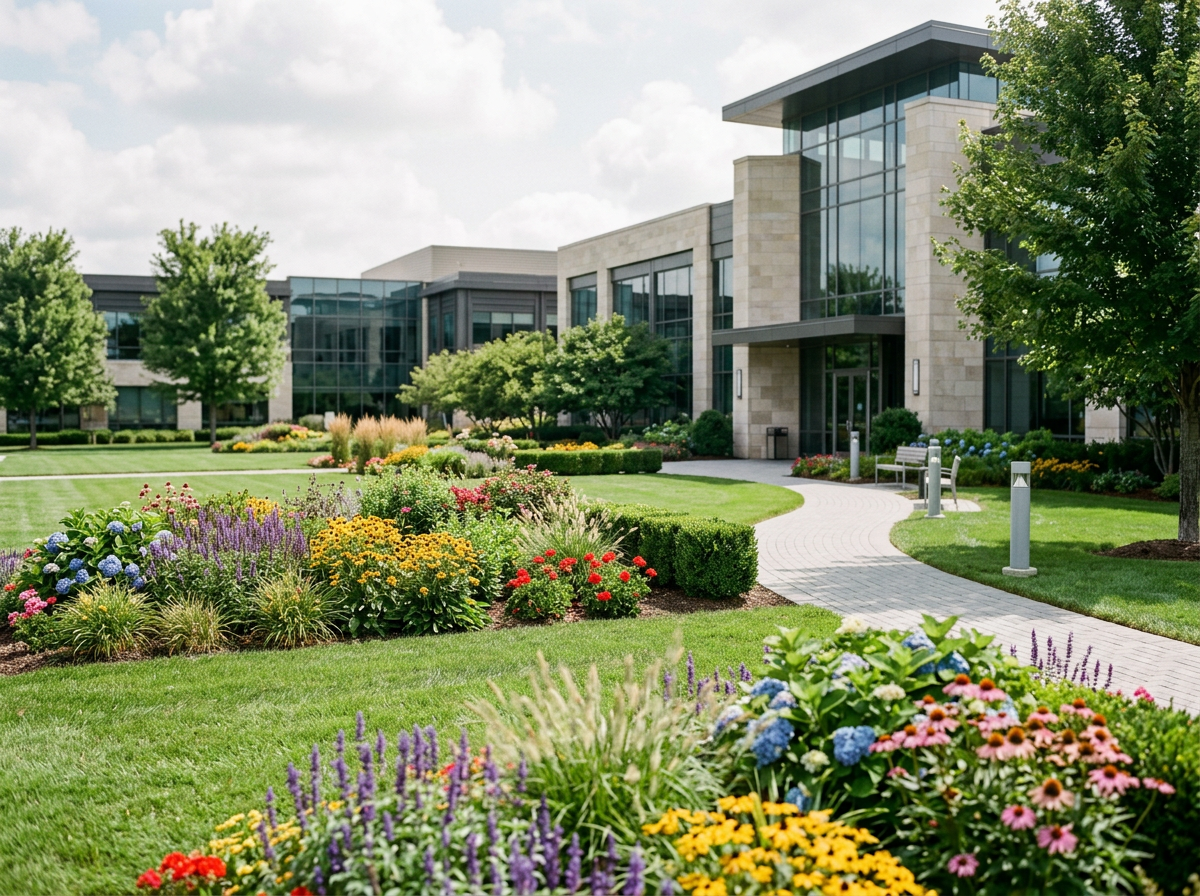 Modern office building with large glass windows, surrounded by a well-maintained lawn and colorful flower beds, under a partly cloudy sky.
