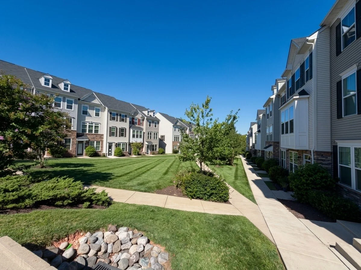 Apartment complex with manicured lawn, trees, and walkway under a clear blue sky.