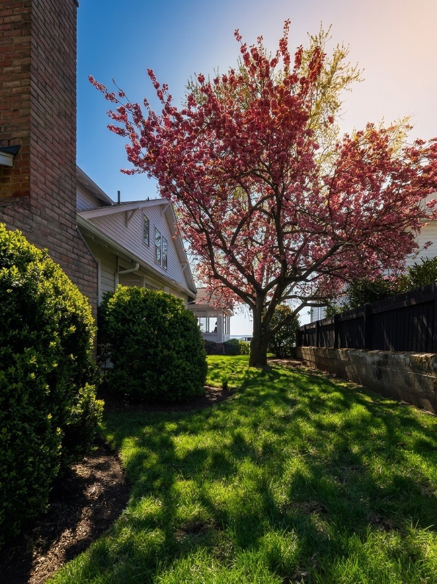 A backyard scene in the late afternoon featuring a pink flowering tree, lush green grass, bushes, a fence, and a house with large windows and a porch.