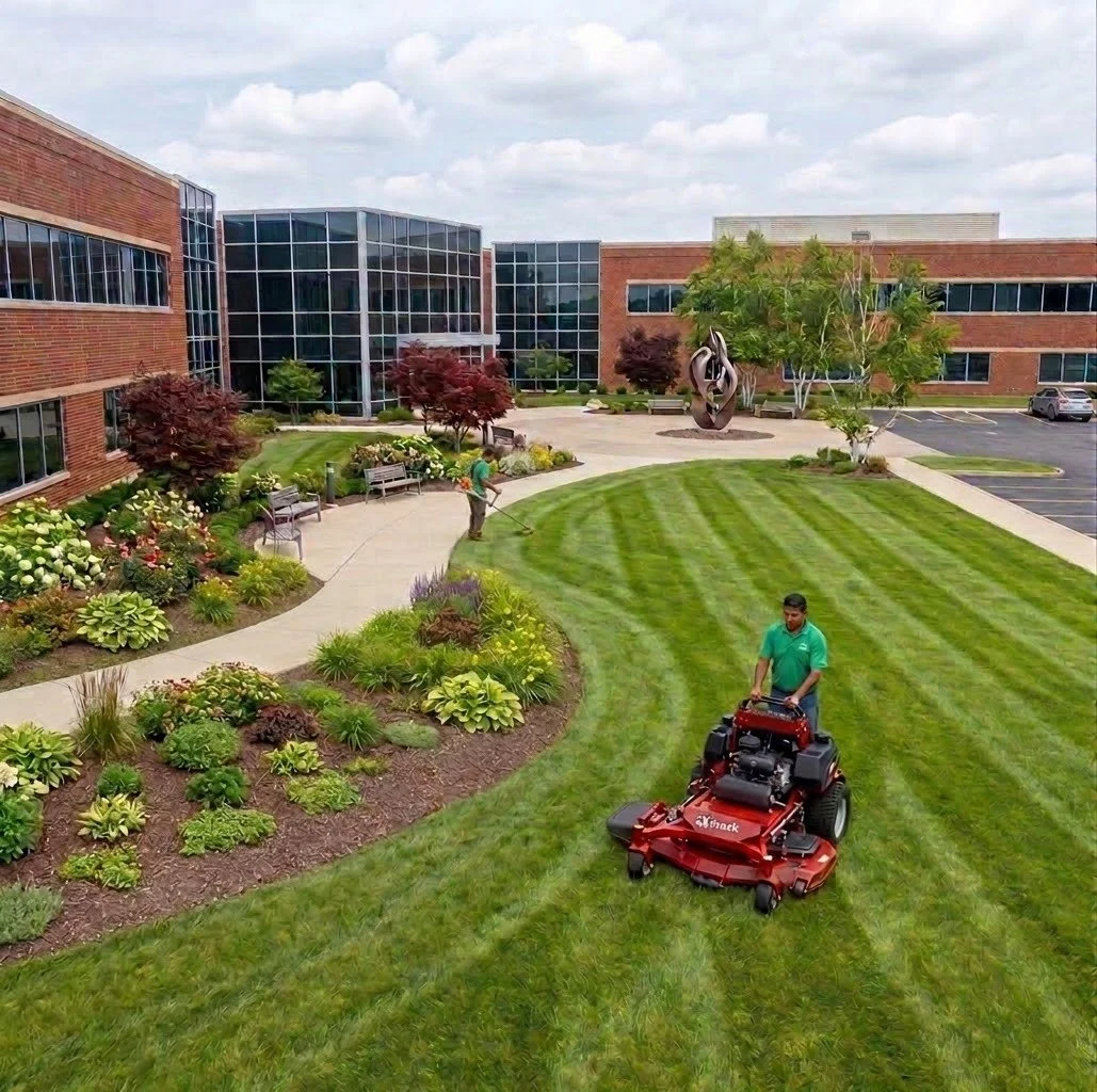 A person is mowing the grass with a red riding lawn mower on a well-maintained lawn beside a garden with various plants and flowers outside a large brick office building. Another person is trimming nearby on a sidewalk.