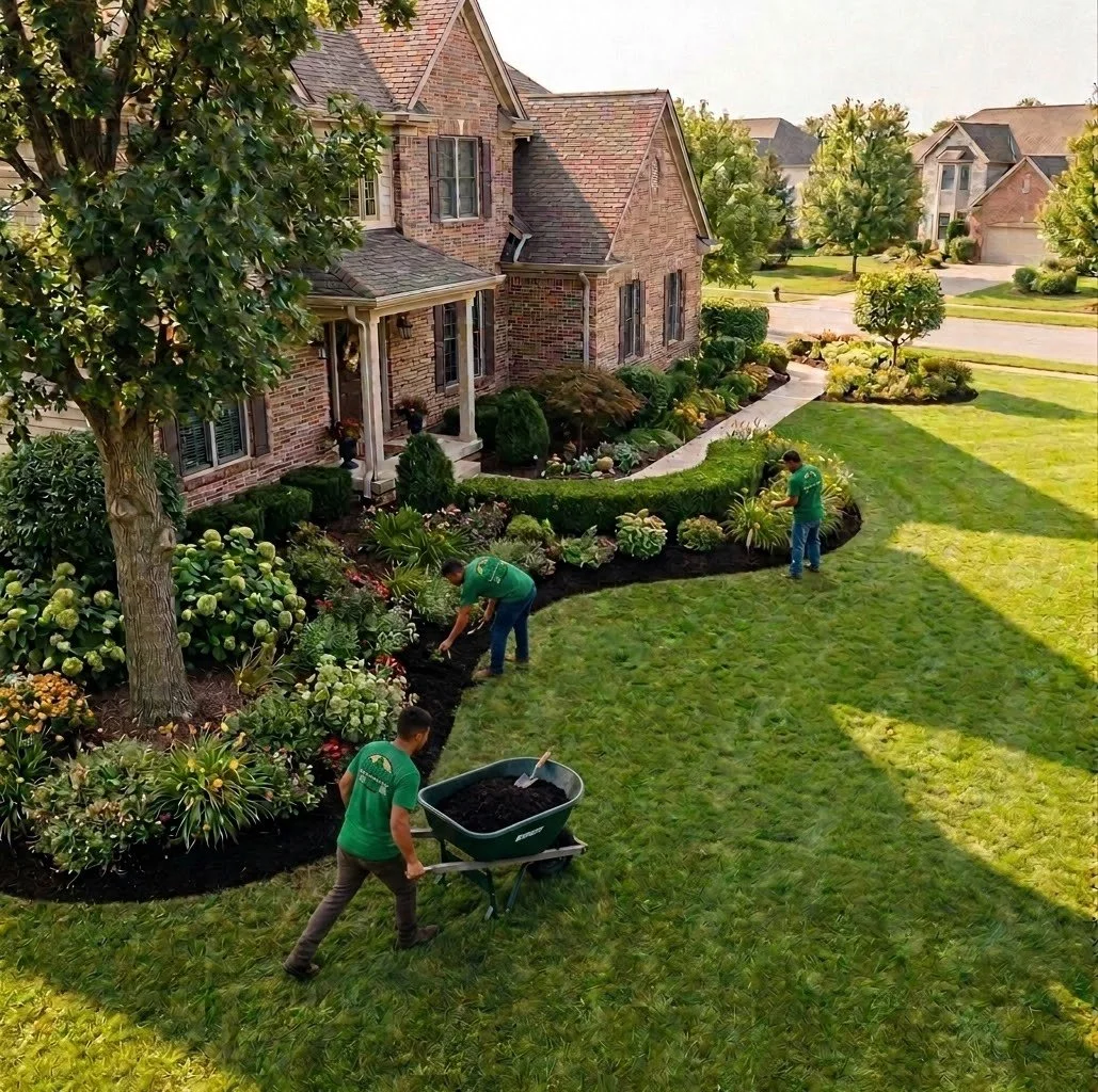 Workers planting flowers and shrubs in a landscaped garden in front of a brick house with a curved concrete walkway.