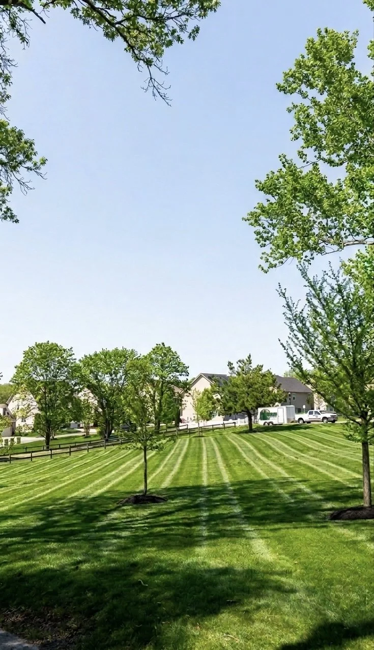 A well-maintained grassy park with evenly cut lawn stripes, several young trees, a row of houses in the background, and a clear blue sky overhead.