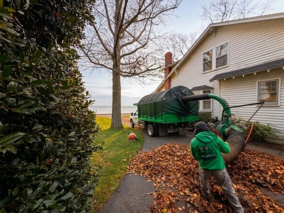 A person in a green hoodie raking fallen leaves into a pile outside a house.