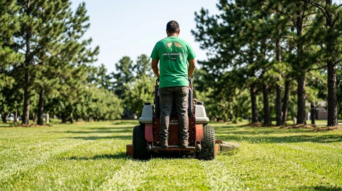 A person mowing a grassy field with a riding lawn mower in a park or yard with trees in the background.